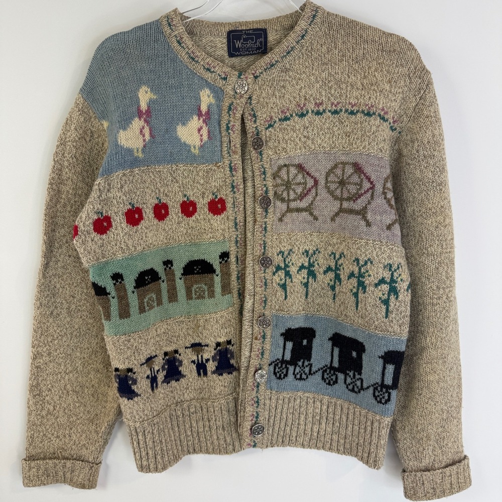Woolrich Cardigan Sweater Women M Tan Intarsia Folk Art Geese Apple Carriage - Picture 2 of 12